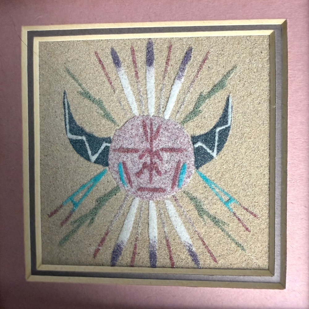 VTG Tiny Chiricahua Sun Sand Art Buffalo Horns Eagle Feathers Framed Small 5x5"